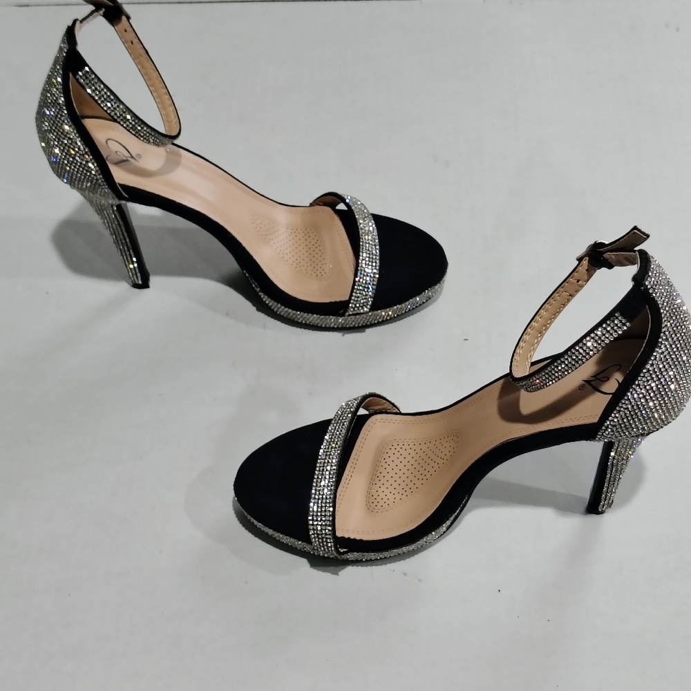 Black Rhinestone Elegant Ankle-Strap High Heels Size 9